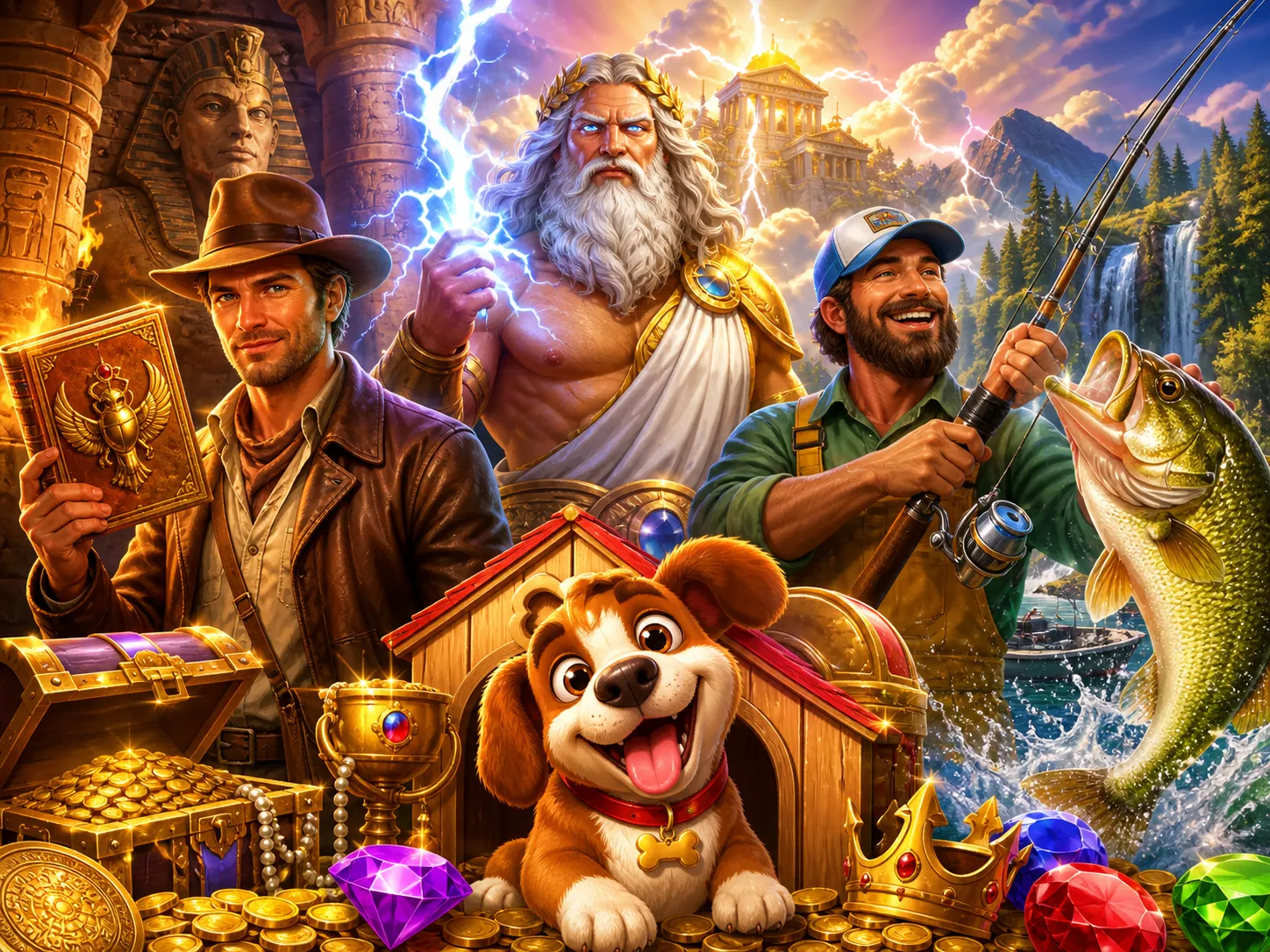 High-quality promotional artwork featuring slot game characters in a fantasy setting with vibrant colors and cinematic lighti