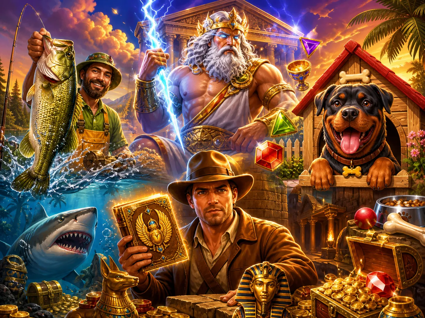Illustration of vibrant slot game characters and environments showcasing fantasy, mythology, and adventure themes.